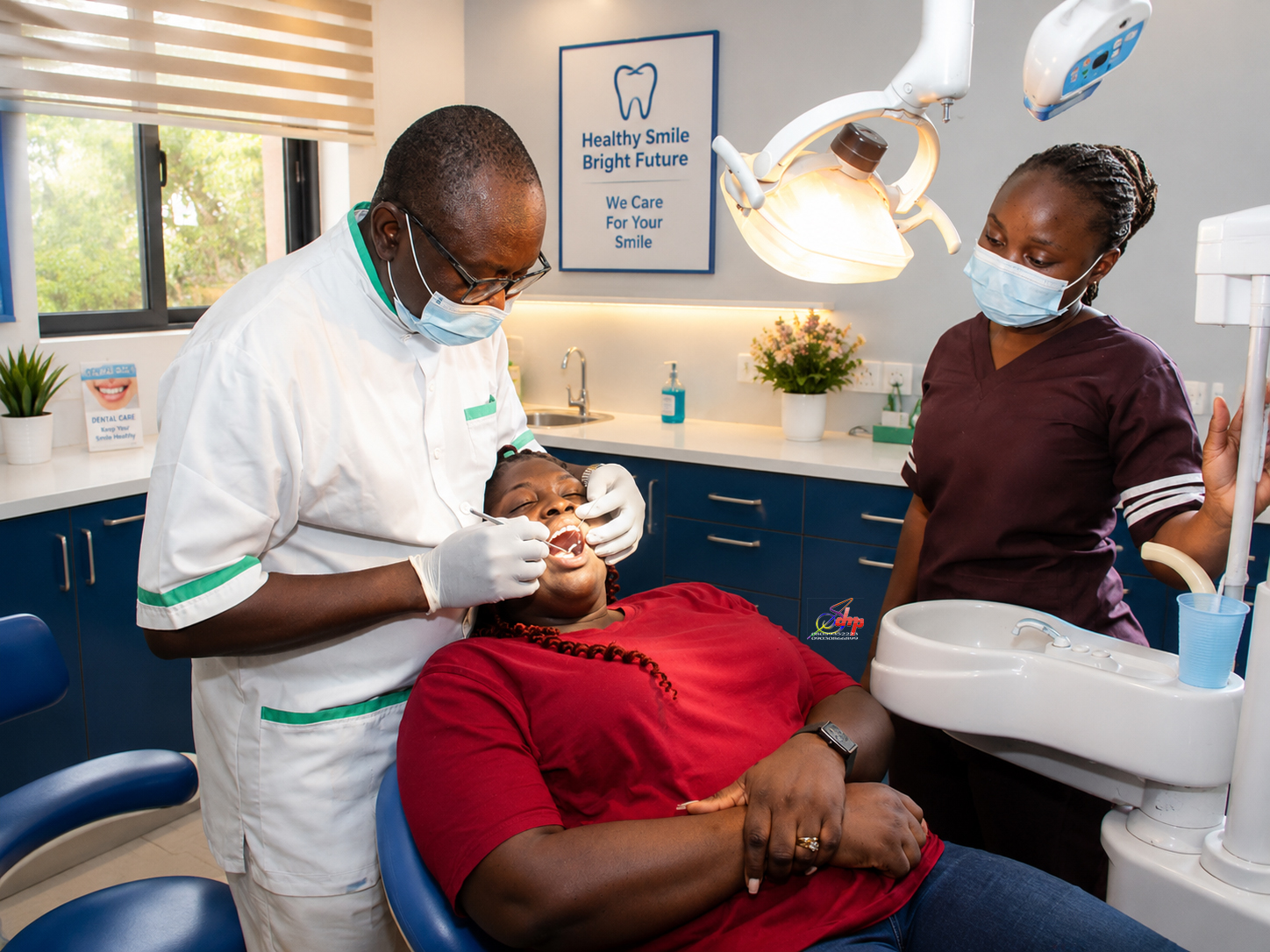 Dentist and assistant providing treatment at Purple Rain Dental Clinic