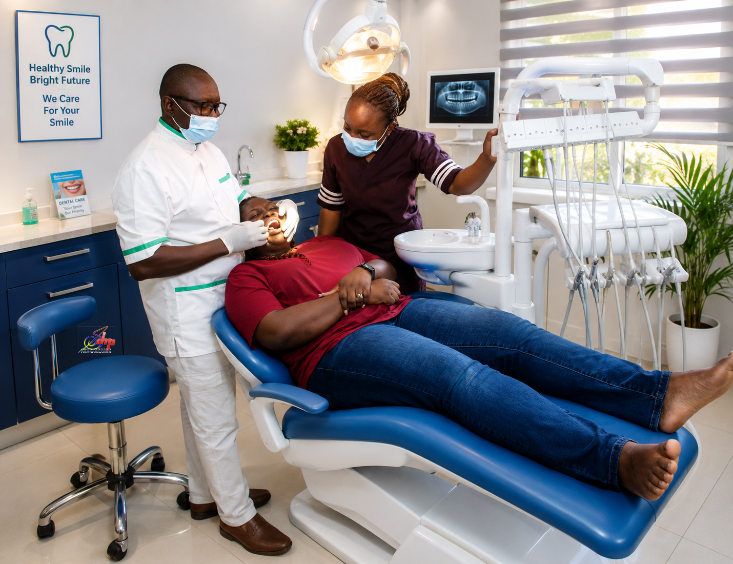 Dentist and assistant treating a patient at Purple Rain Dental Clinic
